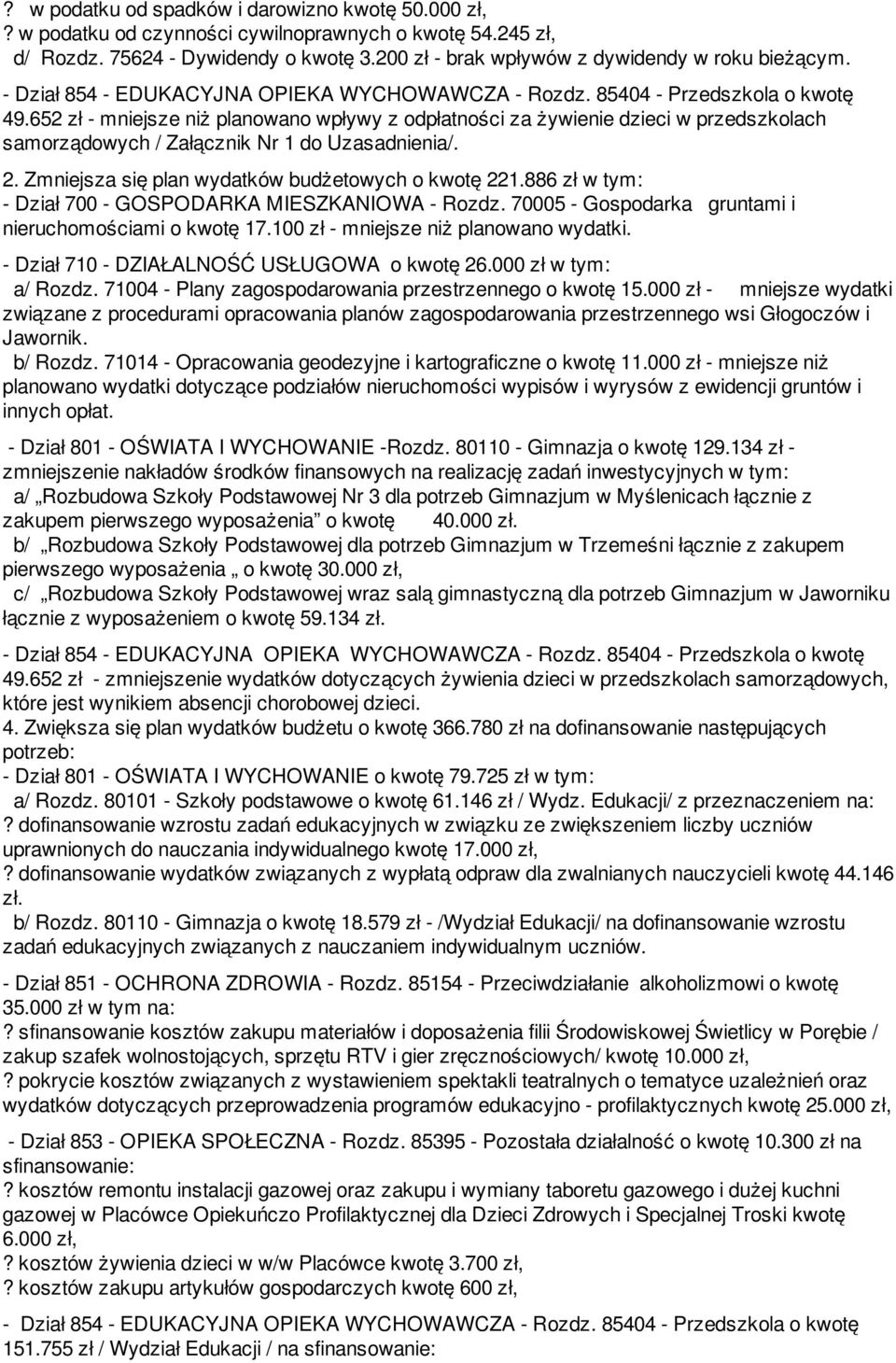 652 zł - mniejsze niż planowano wpływy z odpłatności za żywienie dzieci w przedszkolach samorządowych / Załącznik Nr 1 do Uzasadnienia/. 2. Zmniejsza się plan wydatków budżetowych o kwotę 221.