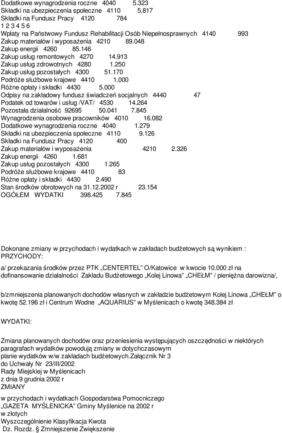 146 Zakup usług remontowych 4270 14.913 Zakup usług zdrowotnych 4280 1.250 Zakup usług pozostałych 4300 51.170 Podróże służbowe krajowe 4410 1.000 Różne opłaty i składki 4430 5.