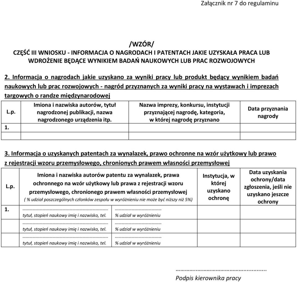 międzynarodowej 1. Imiona i nazwiska autorów, tytuł nagrodzonej publikacji, nazwa nagrodzonego urządzenia itp.