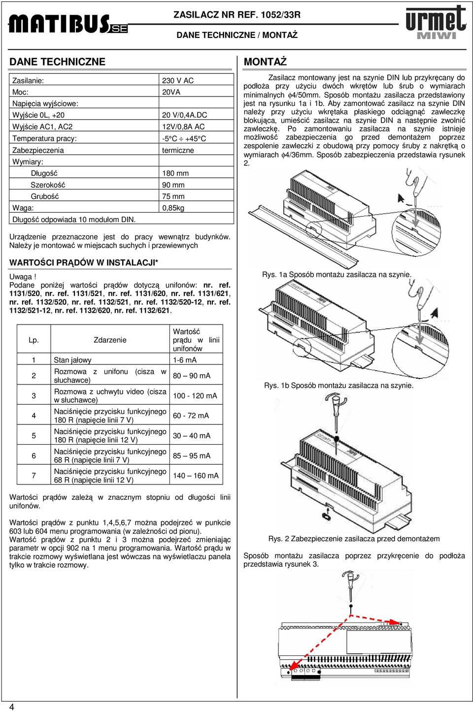 DIN. 23 V A 2VA 2 V/,A.D 2V/,A A -5 +5 termiczne mm mm 5 mm,5kg MONAś Zasilacz montowany jest na szynie DIN lub przykręcany do podłoŝa przy uŝyciu dwóch wkrętów lub śrub o wymiarach minimalnych φ/5mm.