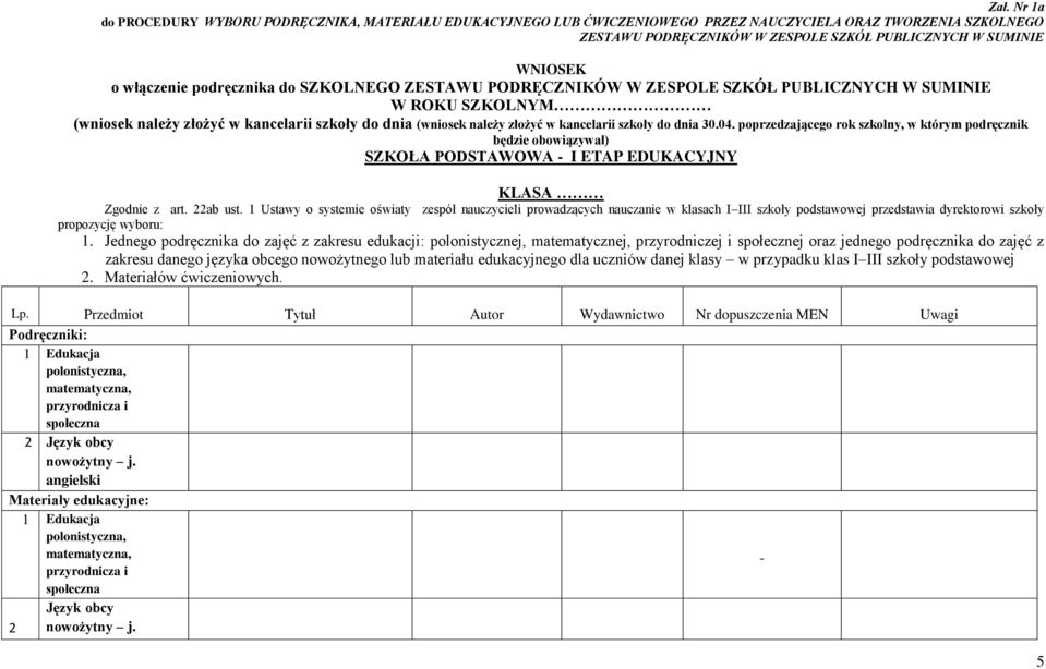 szkoły do dnia 30.04. poprzedzającego rok szkolny, w którym podręcznik będzie obowiązywał) SZKOŁA PODSTAWOWA I ETAP EDUKACYJNY KLASA Zgodnie z art. 22ab ust.