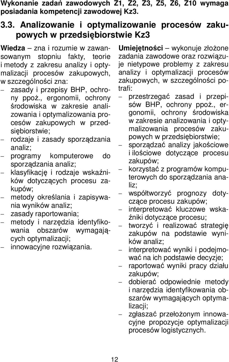 3.3. Analizowanie i optymalizowanie procesów zakupowych w przedsiębiorstwie Kz3 Wiedza zna i rozumie w zawansowanym stopniu fakty, teorie i metody z zakresu analizy i optymalizacji procesów