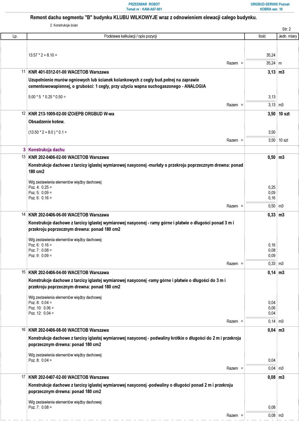 50 = 3,13 Razem = 3,13 m3 12 KNR 213-1009-02-00 IZOiEPB ORGBUD W-wa 3,50 10 szt Obsadzenie kotew. (13.50 * 2 + 8.0 ) * 0.