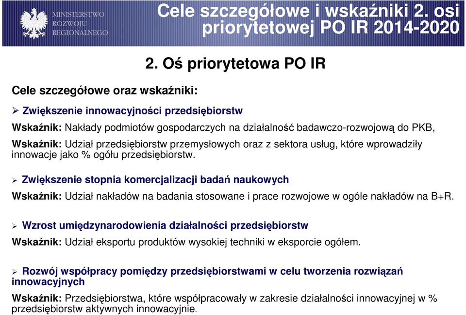 oraz z sektora usług, które wprowadziły innowacje jako % ogółu przedsiębiorstw. Zwiększenie stopnia komercjalizacji badań naukowych Cele szczegółowe i wskaźniki 2.