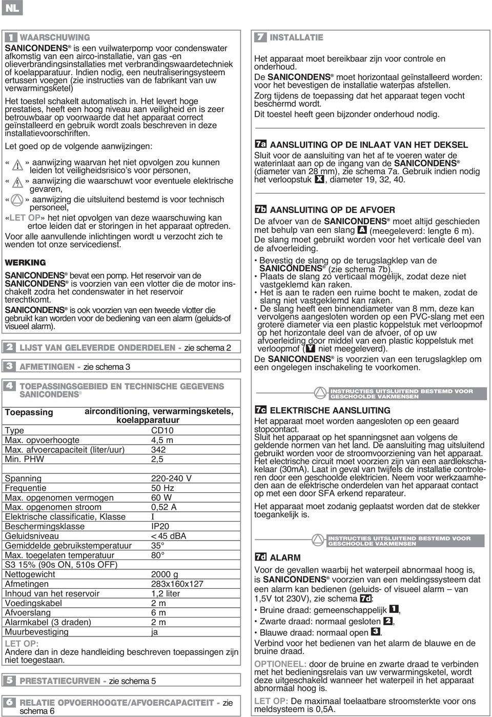 OPVOERHOOGTE/AFVOERCAPACITEIT - 7 INSTALLATIE SANICONDENS 7a SANICONDENS X 7b SANICONDENS A SANICONDENS Y SANICONDENS