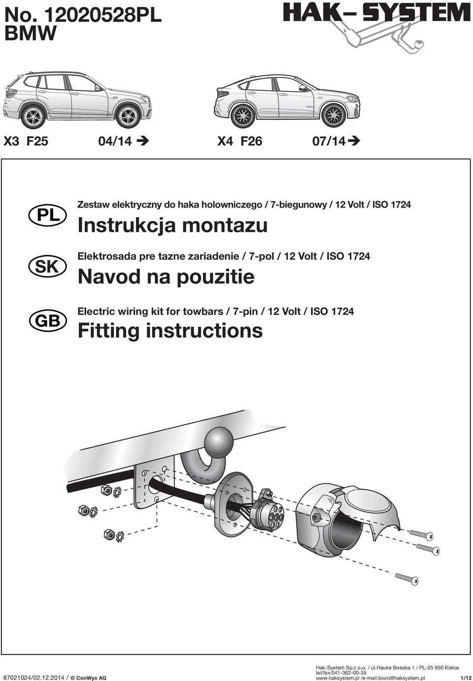 7-pol / 12 Volt / ISO 1724 Navod na pouzitie Electric wiring kit for towbars / 7-pin /