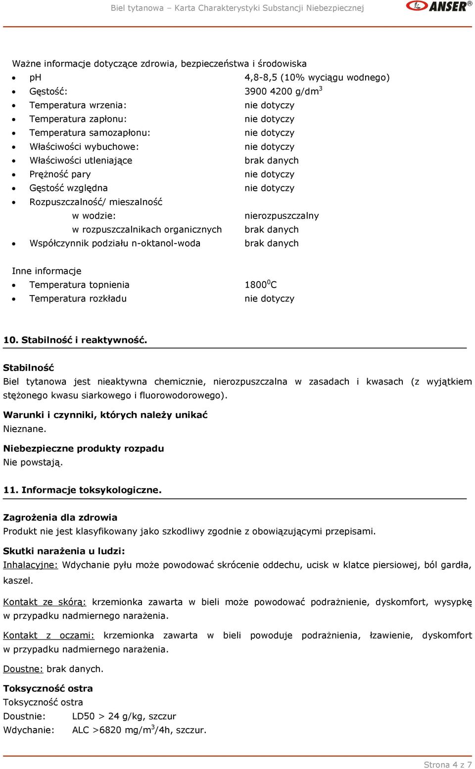 Współczynnik podziału n-oktanol-woda brak danych Inne informacje Temperatura topnienia Temperatura rozkładu 1800 0 C 10. Stabilność i reaktywność.