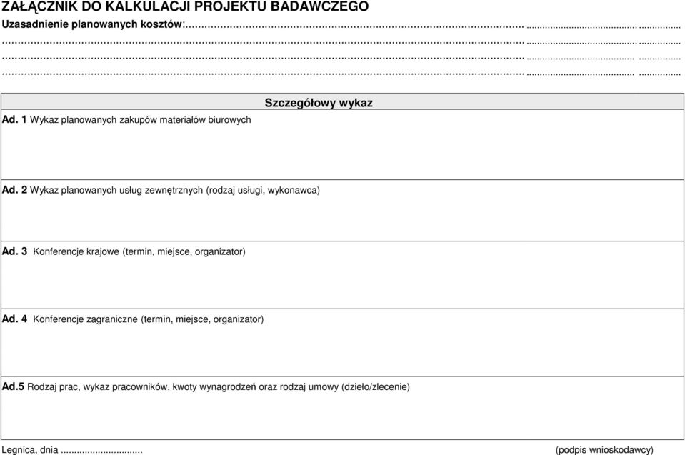 2 Wykaz planowanych usług zewnętrznych (rodzaj usługi, wykonawca) Ad. 3 Konferencje krajowe (termin, miejsce, organizator) Ad.