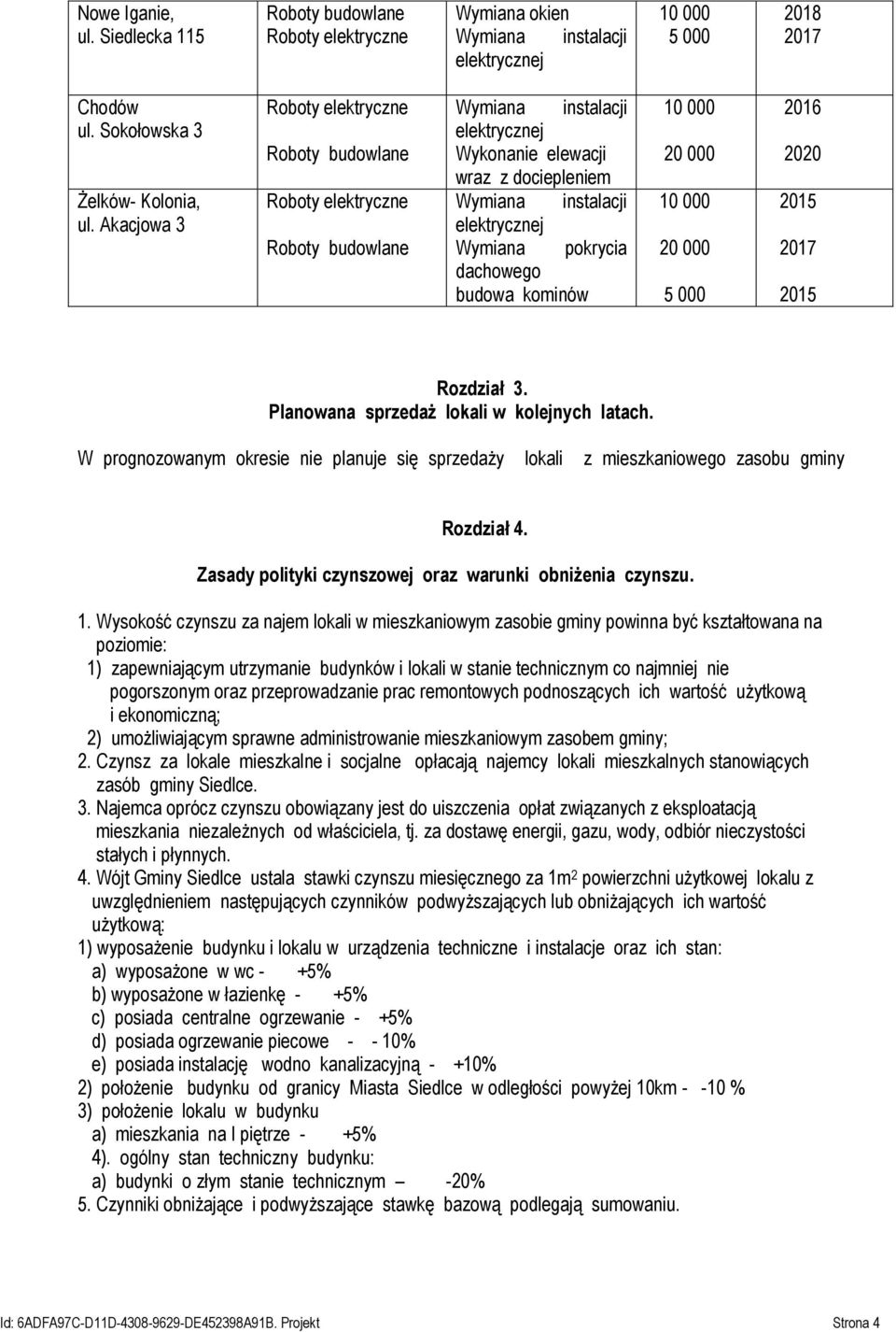 Planowana sprzedaż lokali w kolejnych latach. W prognozowanym okresie nie planuje się sprzedaży lokali z mieszkaniowego zasobu gminy Rozdział 4.