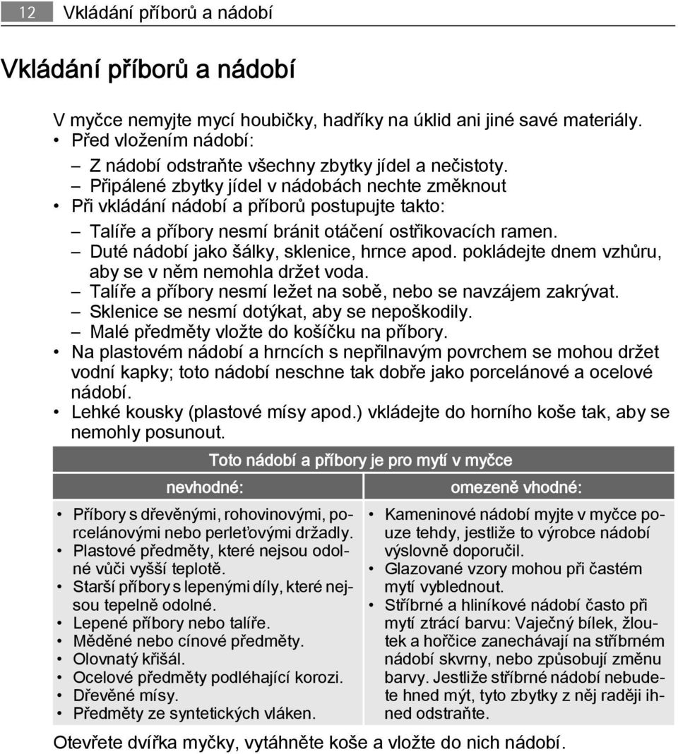 Připálené zbytky jídel v nádobách nechte změknout Při vkládání nádobí a příborů postupujte takto: Talíře a příbory nesmí bránit otáčení ostřikovacích ramen.