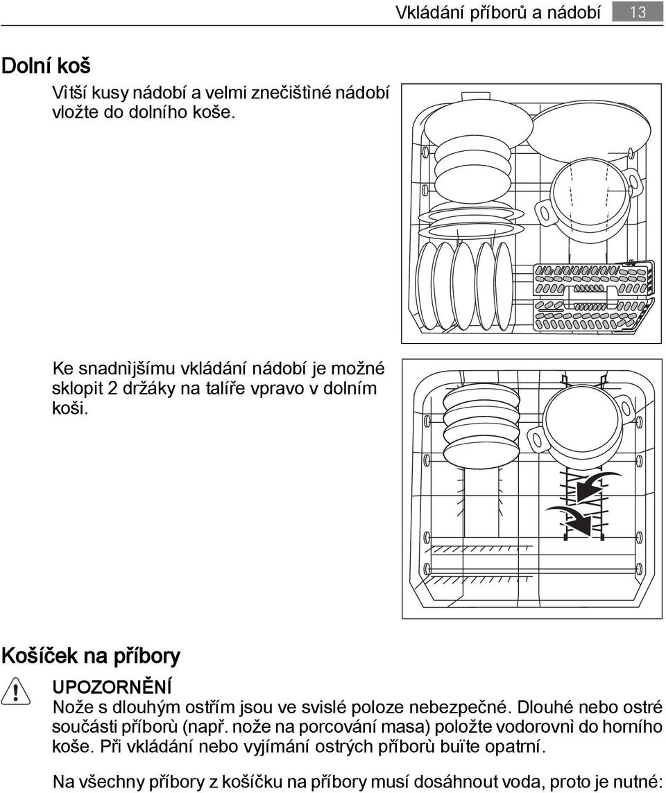 Košíček na příbory UPOZORNĚNÍ Nože s dlouhým ostřím jsou ve svislé poloze nebezpečné. Dlouhé nebo ostré součásti příborù (např.