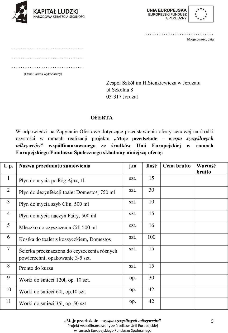 odkrywców współfinansowanego ze środków Unii Europejskiej w ramach Europejskiego Funduszu Społecznego składamy niniejszą ofertę: L.p. Nazwa przedmiotu zamówienia j.