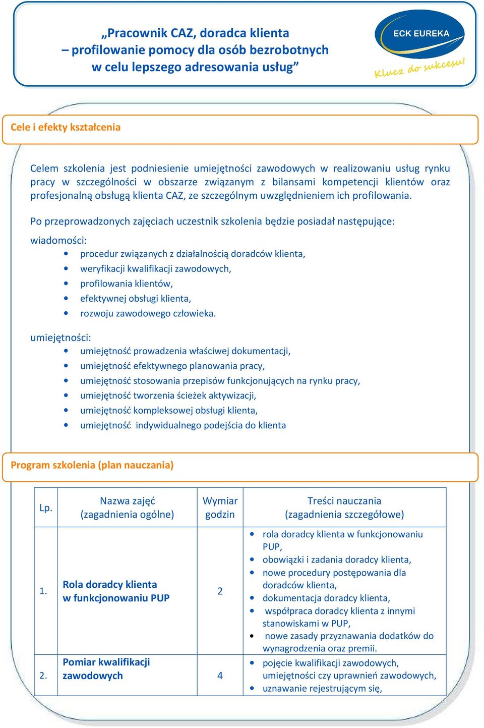 Po przeprowadzonych zajęciach uczestnik szkolenia będzie posiadał następujące: wiadomości: procedur związanych z działalnością doradców klienta, weryfikacji kwalifikacji zawodowych, profilowania