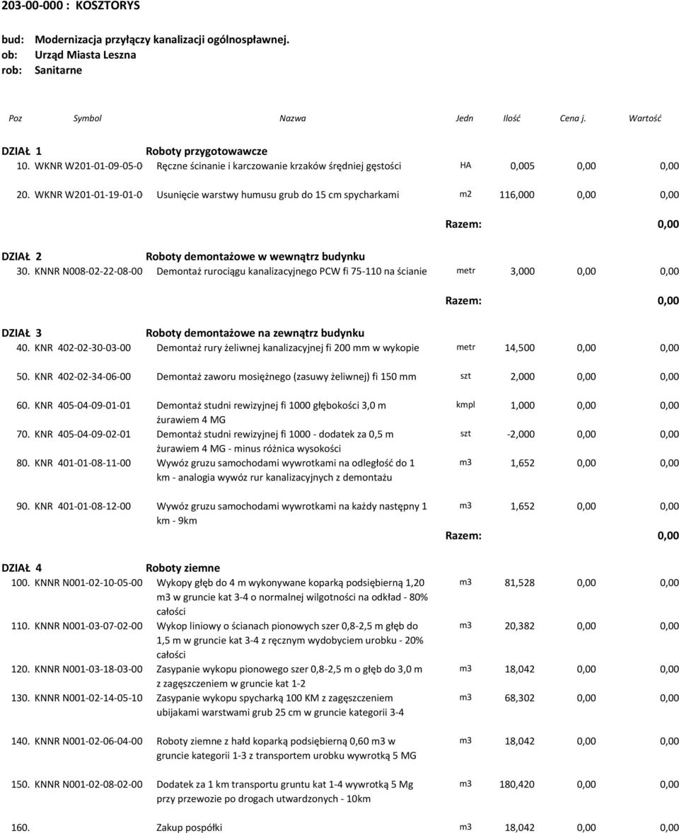 WKNR W201-01-19-01-00 Usunięcie warstwy humusu grub do 15 cm spycharkami m2 116,000 DZIAŁ 2 Roboty demontażowe w wewnątrz budynku 30.