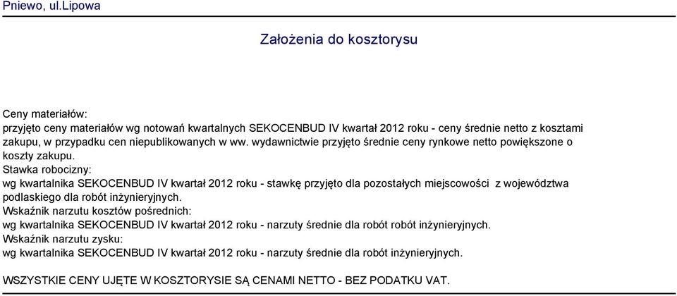 niepublikowanych w ww. wydawnictwie przyjęto średnie ceny rynkowe netto powiększone o koszty zakupu.