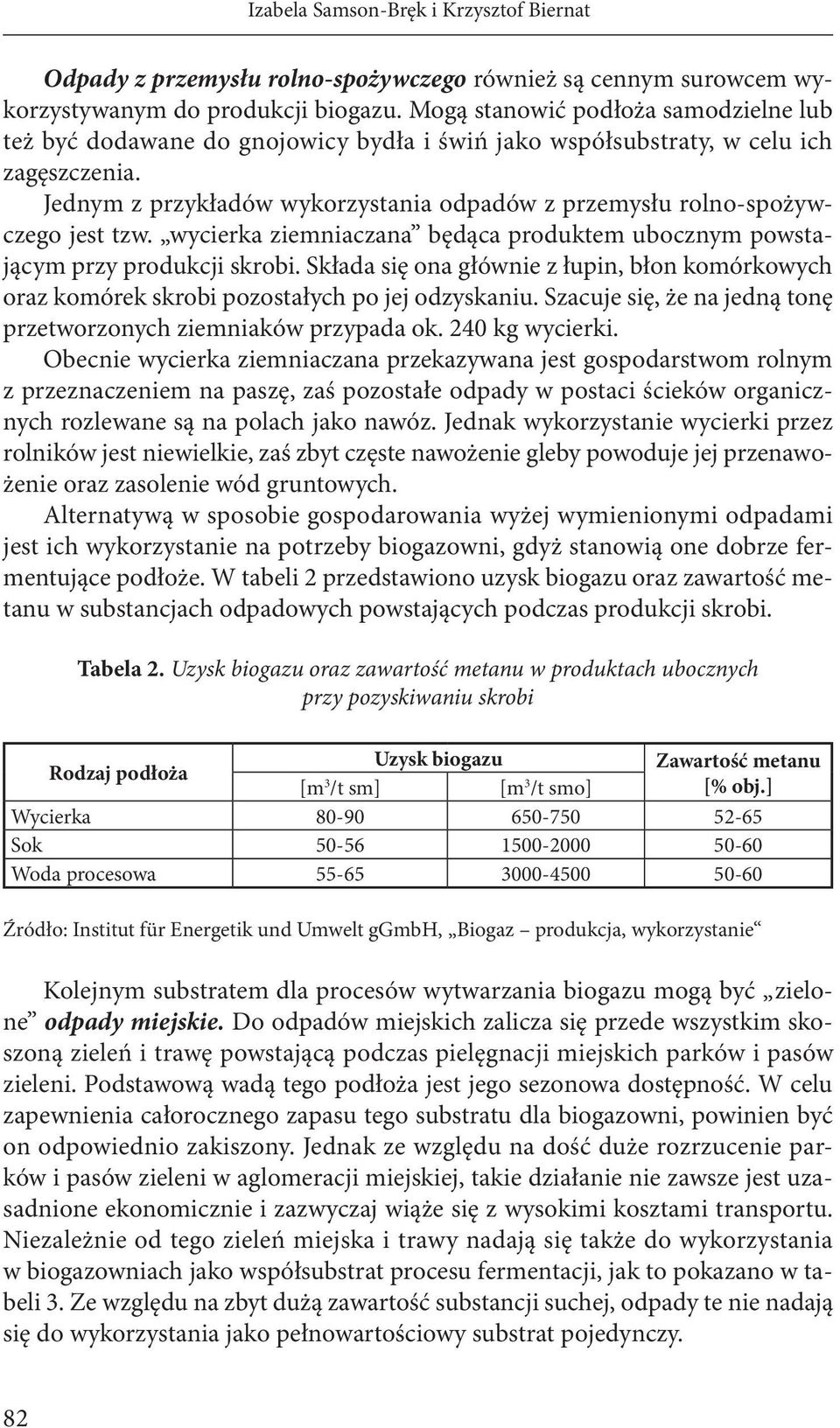 Jednym z przykładów wykorzystania odpadów z przemysłu rolno-spożywczego jest tzw. wycierka ziemniaczana będąca produktem ubocznym powstającym przy produkcji skrobi.