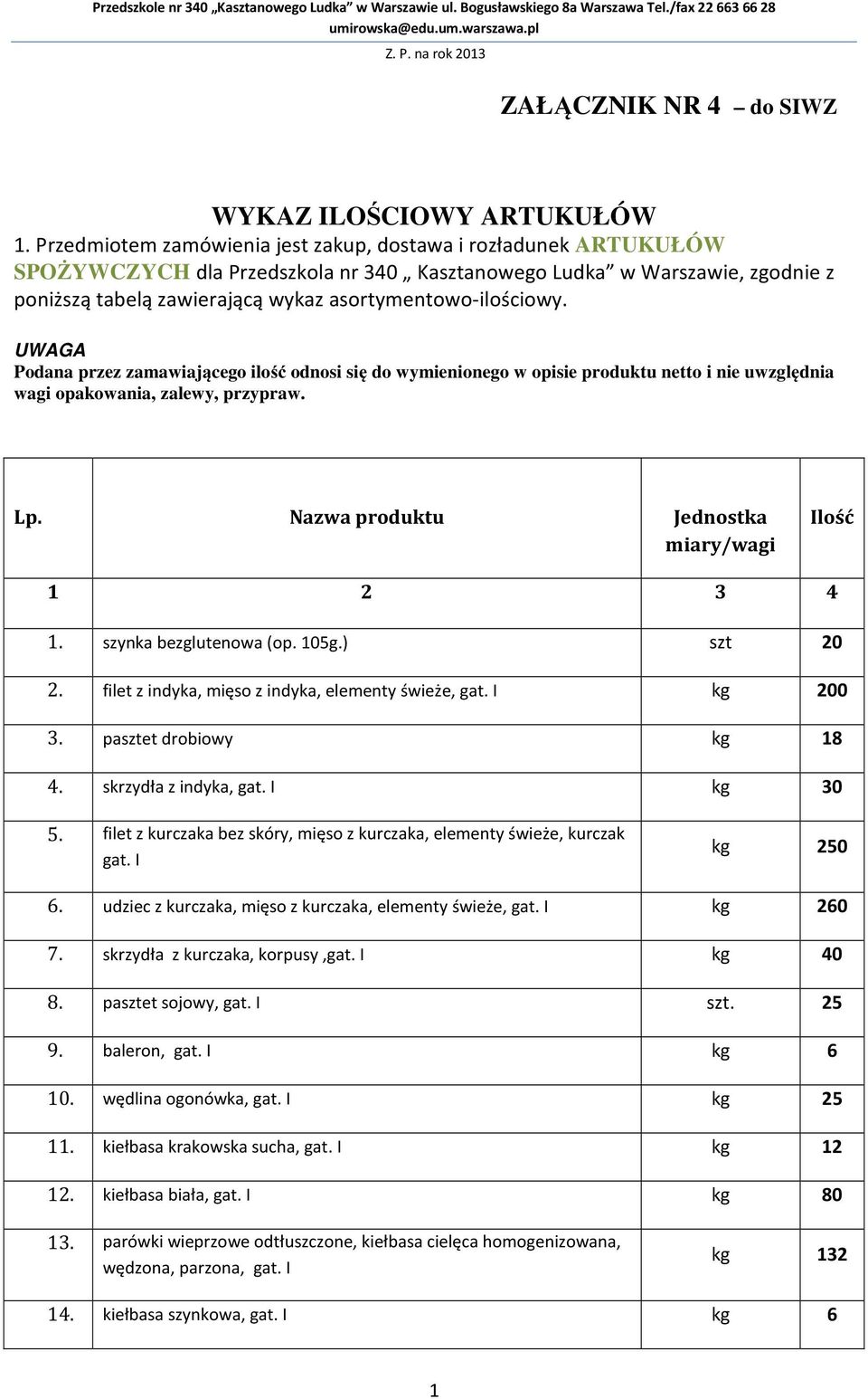 asortymentowo-ilościowy. UWAGA Podana przez zamawiającego ilość odnosi się do wymienionego w opisie produktu netto i nie uwzględnia wagi opakowania, zalewy, przypraw. Lp.