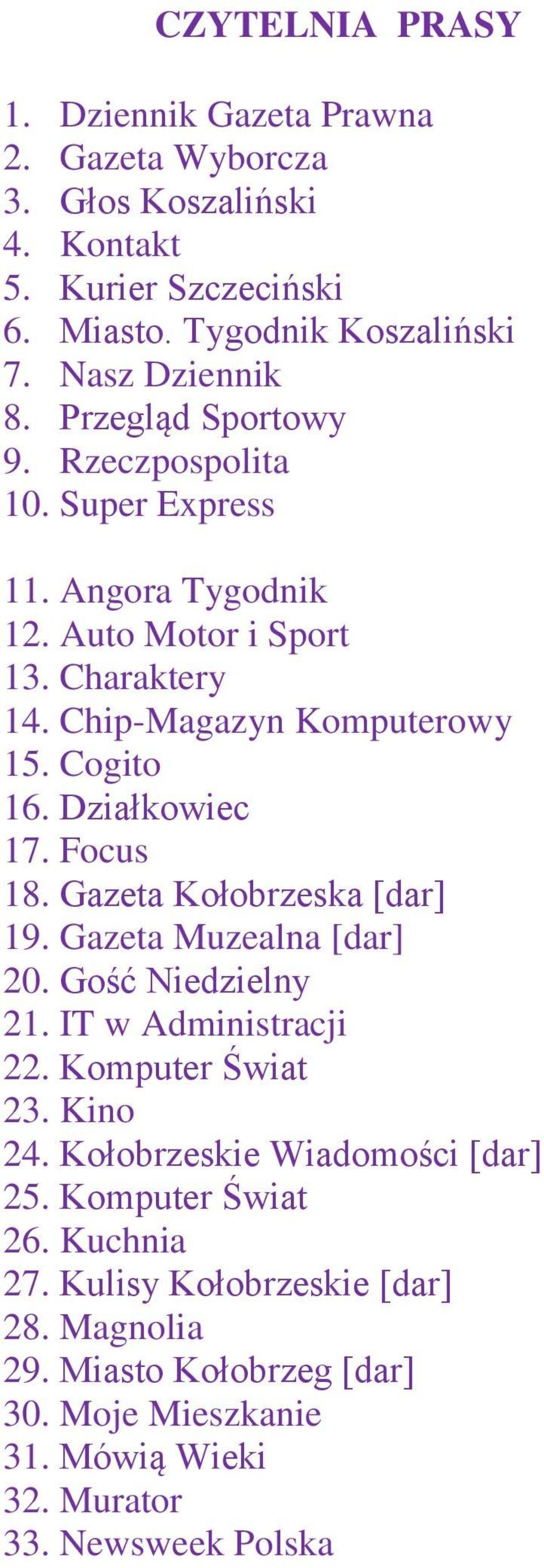 Działkowiec 17. Focus 18. Gazeta Kołobrzeska [dar] 19. Gazeta Muzealna [dar] 20. Gość Niedzielny 21. IT w Administracji 22. Komputer Świat 23. Kino 24.