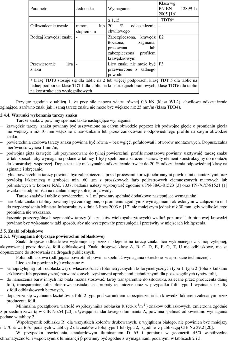 podporach, klasę TDT 5 dla tablic na jednej podporze, klasę TDT1 dla tablic na konstrukcjach bramowych, klasę TDT6 dla tablic na konstrukcjach wysięgnikowych Przyjęto zgodnie z tablicą 1, że przy