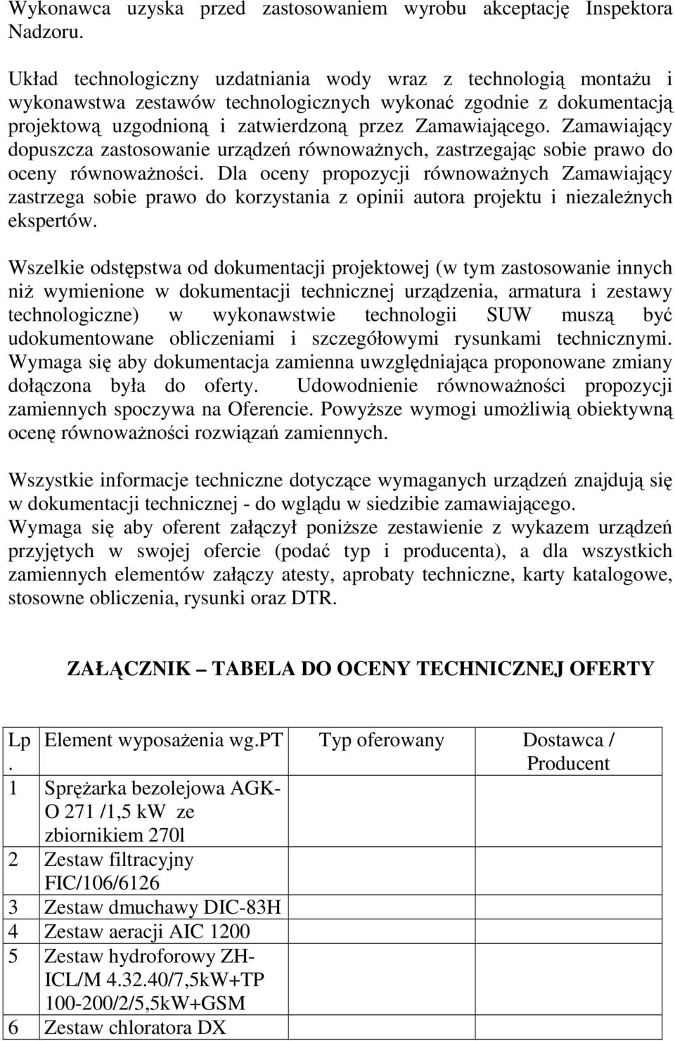 Zamawiający dopuszcza zastosowanie urządzeń równowaŝnych, zastrzegając sobie prawo do oceny równowaŝności.