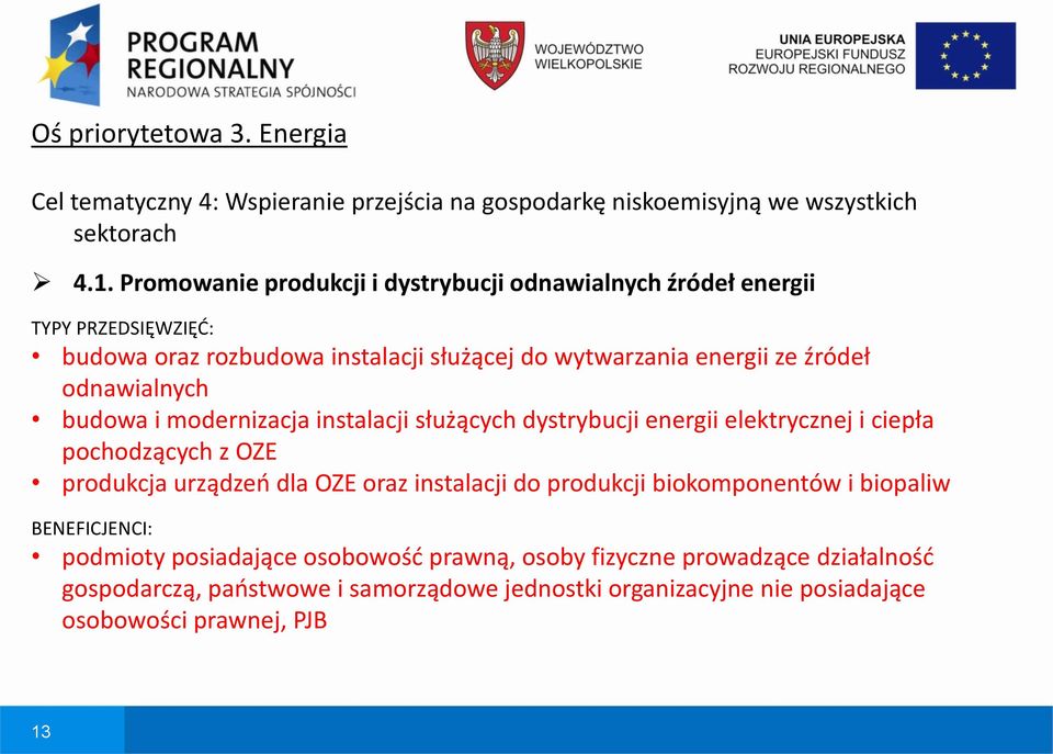 modernizacja instalacji służących dystrybucji energii elektrycznej i ciepła pochodzących z OZE produkcja urządzeń dla OZE oraz instalacji do produkcji