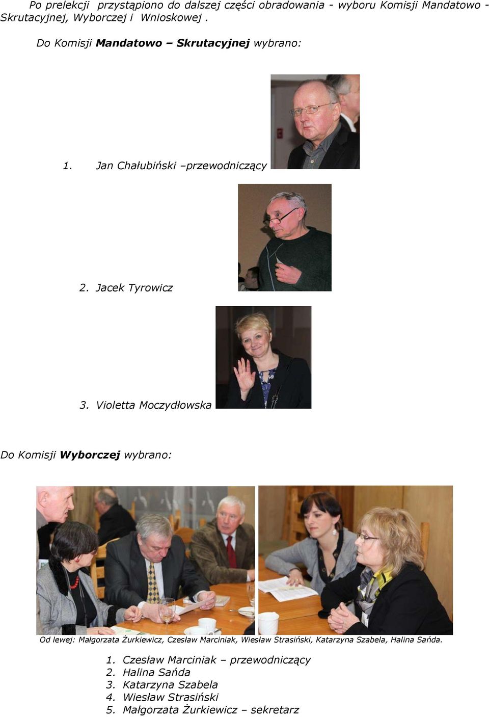 Violetta Moczydłowska Do Komisji Wyborczej wybrano: Od lewej: Małgorzata Żurkiewicz, Czesław Marciniak, Wiesław Strasiński,