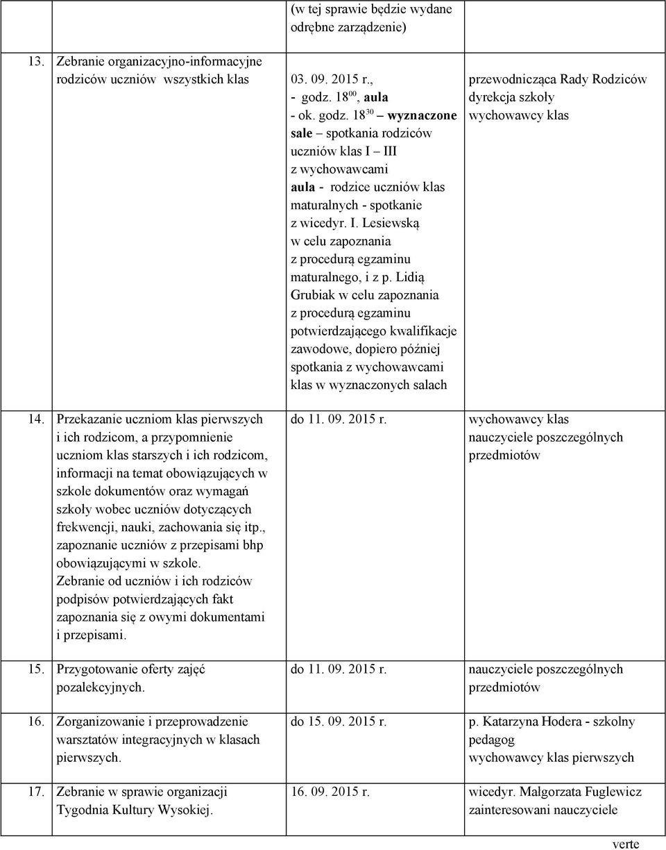 dotyczących frekwencji, nauki, zachowania się itp., zapoznanie uczniów z przepisami bhp obowiązującymi w szkole.