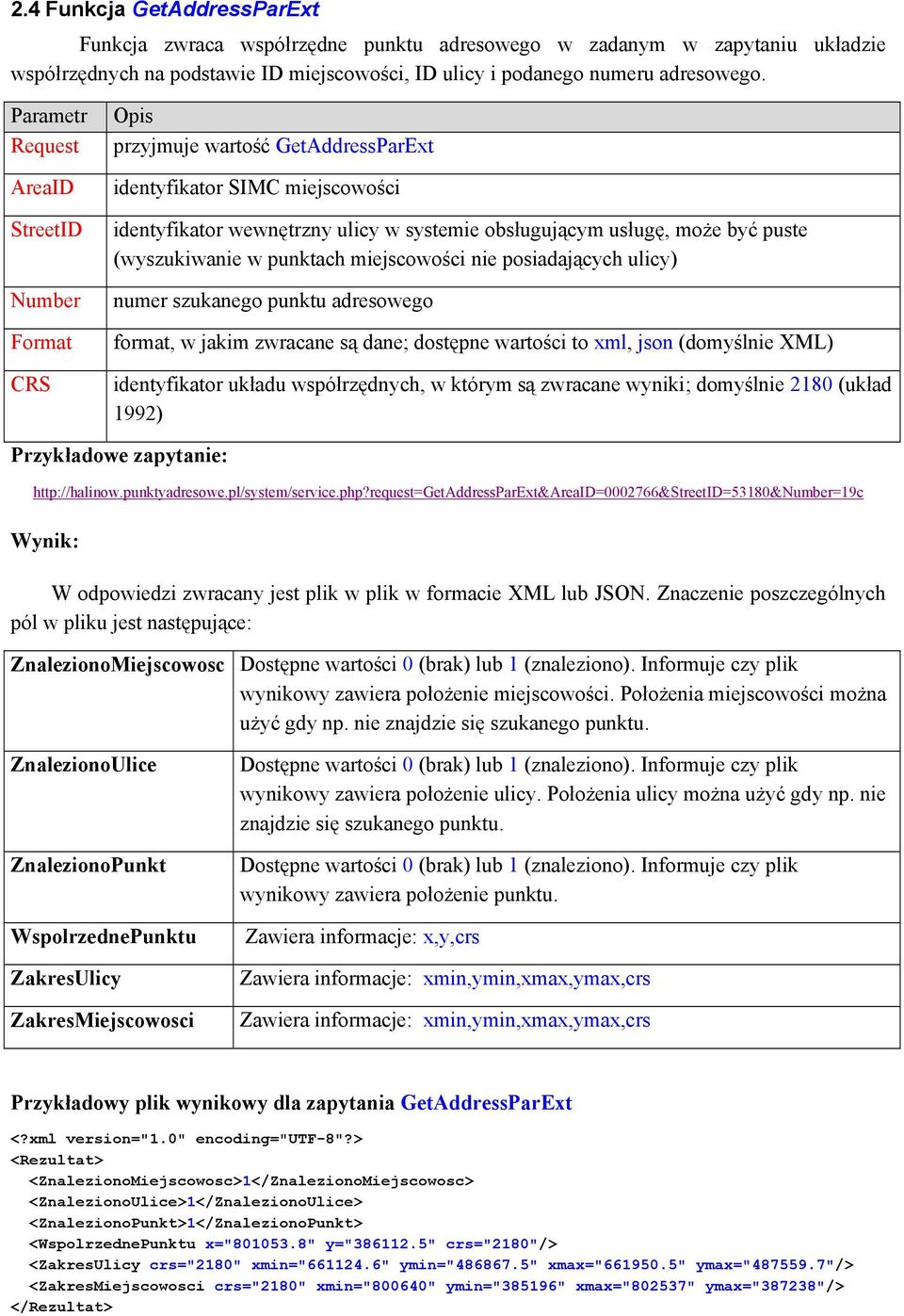 puste (wyszukiwanie w punktach miejscowości nie posiadających ulicy) numer szukanego punktu adresowego format, w jakim zwracane są dane; dostępne wartości to xml, json (domyślnie XML) identyfikator