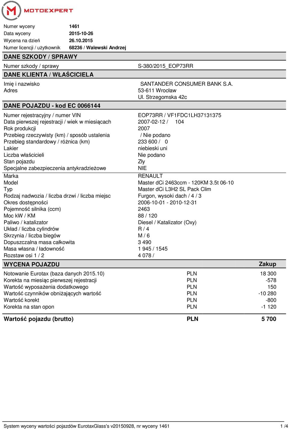 2015 Numer licencji / użytkownik DANE SZKODY / SPRAWY Numer szkody / sprawy DANE KLIENTA / WŁAŚCICIELA Imię i nazwisko Adres 68236 / Walewski Andrzej DANE POJAZDU - kod EC 0066144 S-380/2015_EOP73RR