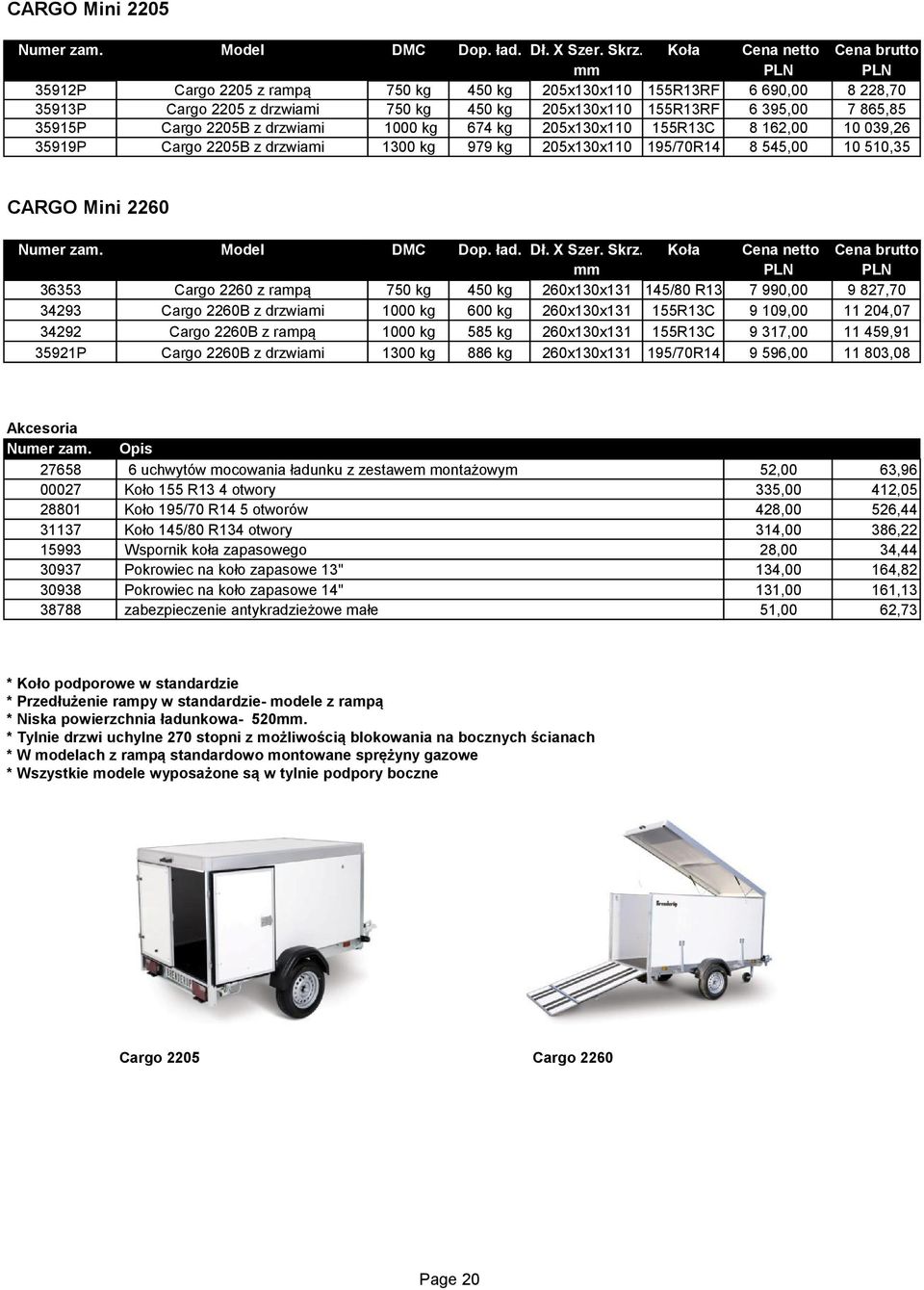 Cargo 2205B z drzwiami 1000 kg 674 kg 205x130x110 155R13C 8 162,00 10 039,26 35919P Cargo 2205B z drzwiami 1300 kg 979 kg 205x130x110 195/70R14 8 545,00 10 510,35 CARGO Mini 2260 Numer zam.