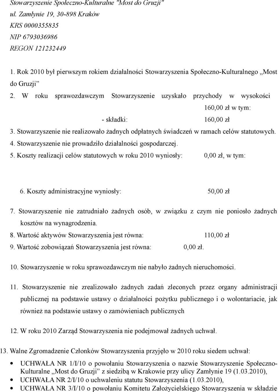 W roku sprawozdawczym Stowarzyszenie uzyskało przychody w wysokości 160,00 zł w tym: - składki: 160,00 zł 3. Stowarzyszenie nie realizowało żadnych odpłatnych świadczeń w ramach celów statutowych. 4.