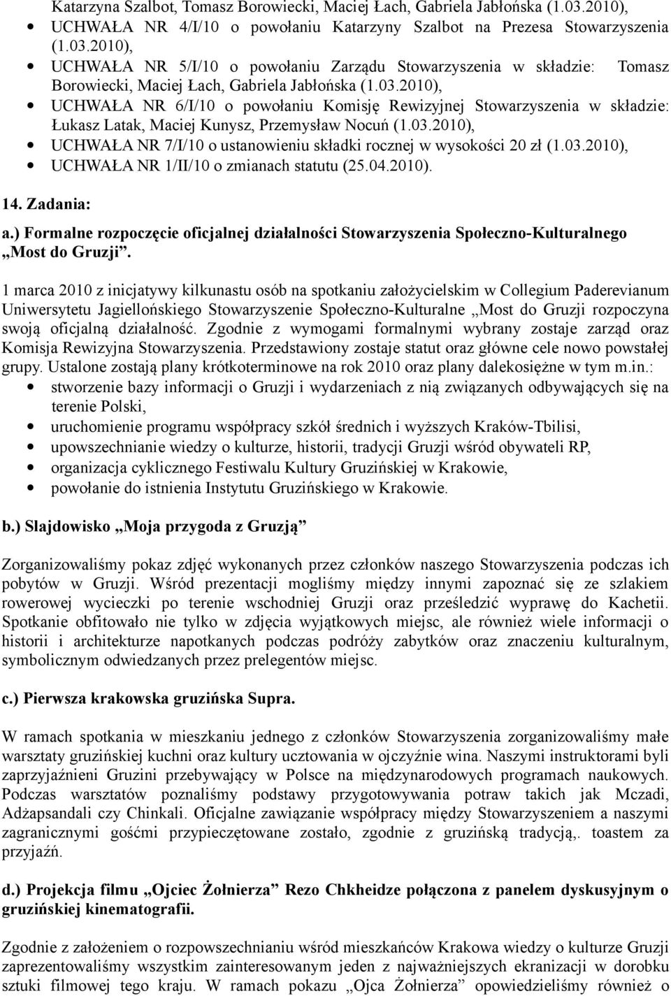2010), UCHWAŁA NR 5/I/10 o powołaniu Zarządu Stowarzyszenia w składzie: Tomasz Borowiecki, Maciej Łach, Gabriela Jabłońska (1.03.