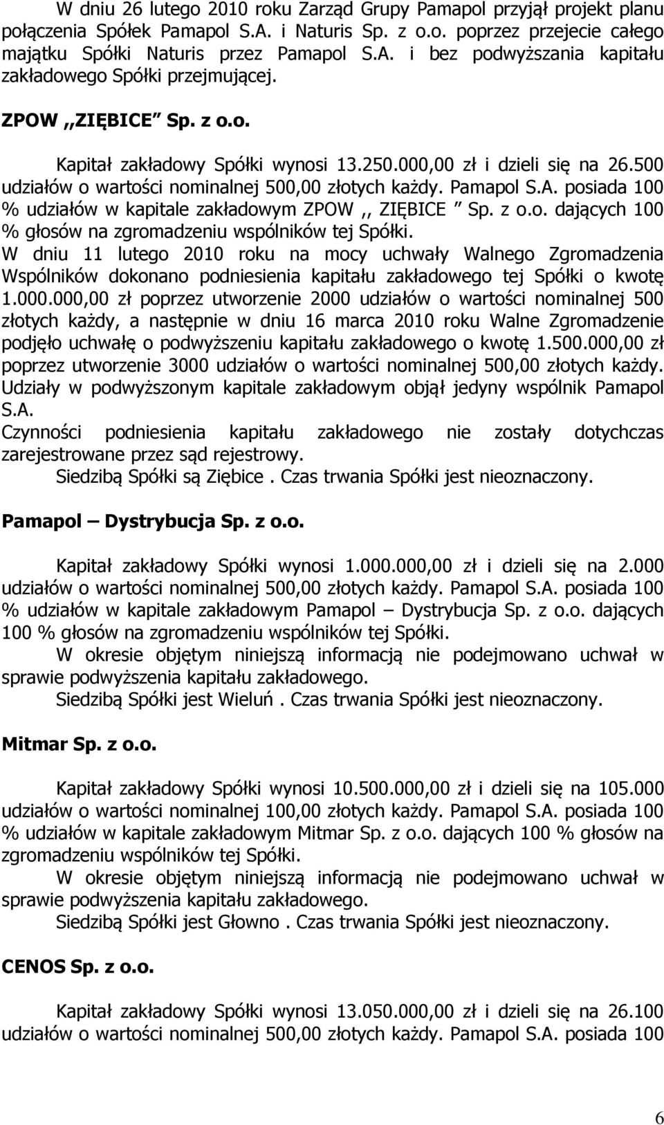 posiada 100 % udziałów w kapitale zakładowym ZPOW,, ZIĘBICE Sp. z o.o. dających 100 % głosów na zgromadzeniu wspólników tej Spółki.