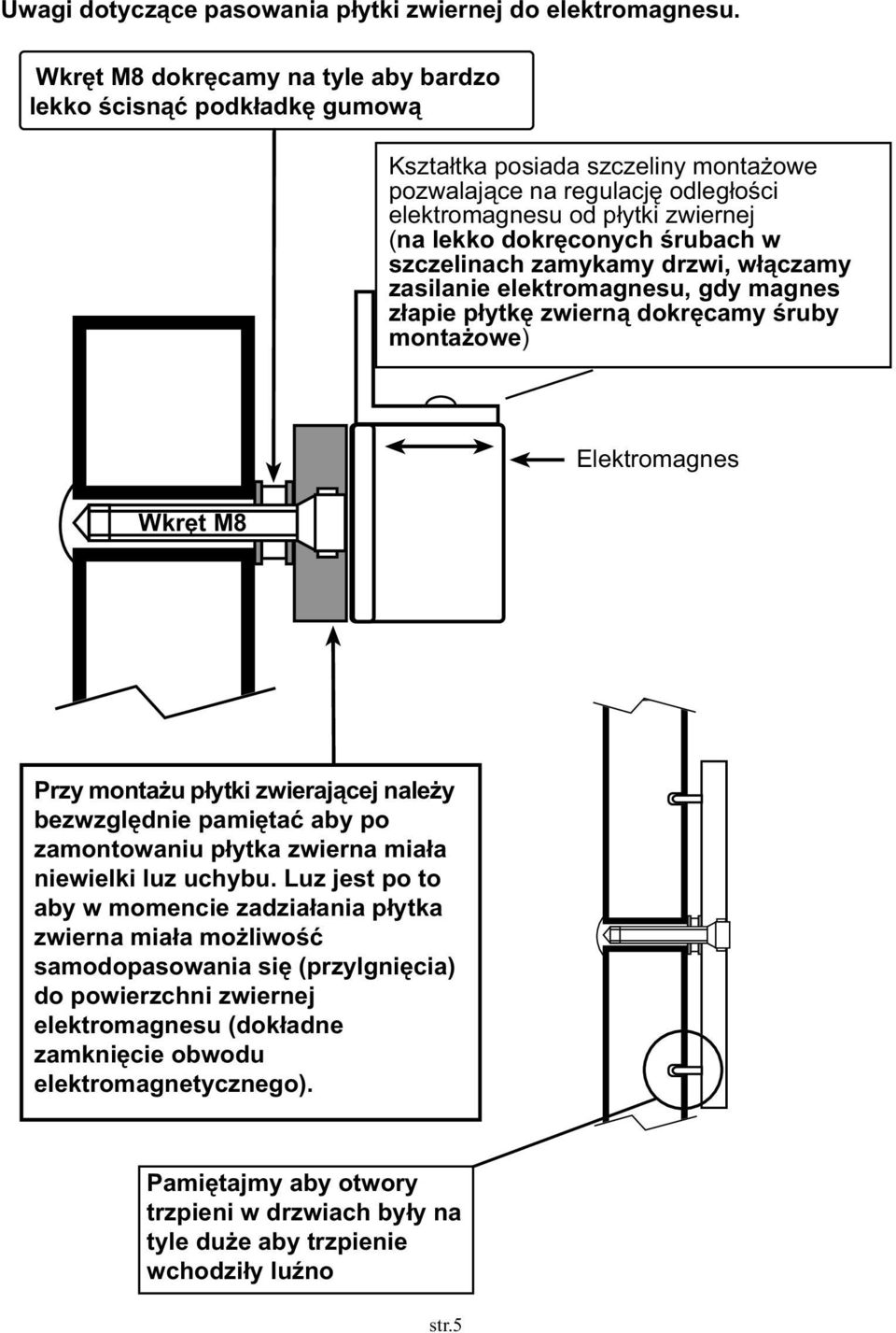 œrubach w szczelinach zamykamy drzwi, w³¹czamy zasilanie elektromagnesu, gdy magnes z³apie p³ytkê zwiern¹ dokrêcamy œruby monta owe) Wkrêt M8 Elektromagnes Przy monta u p³ytki zwieraj¹cej nale y