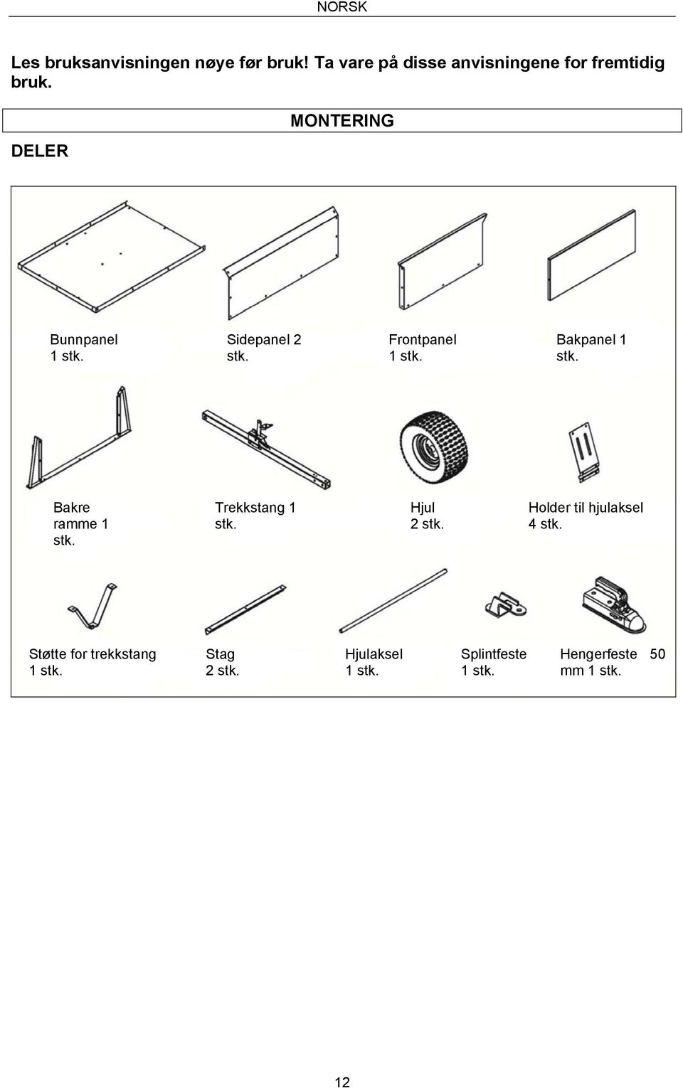 Sidepanel 2 stk. Frontpanel 1 stk. Bakpanel 1 stk. Bakre ramme 1 stk. Trekkstang 1 stk.