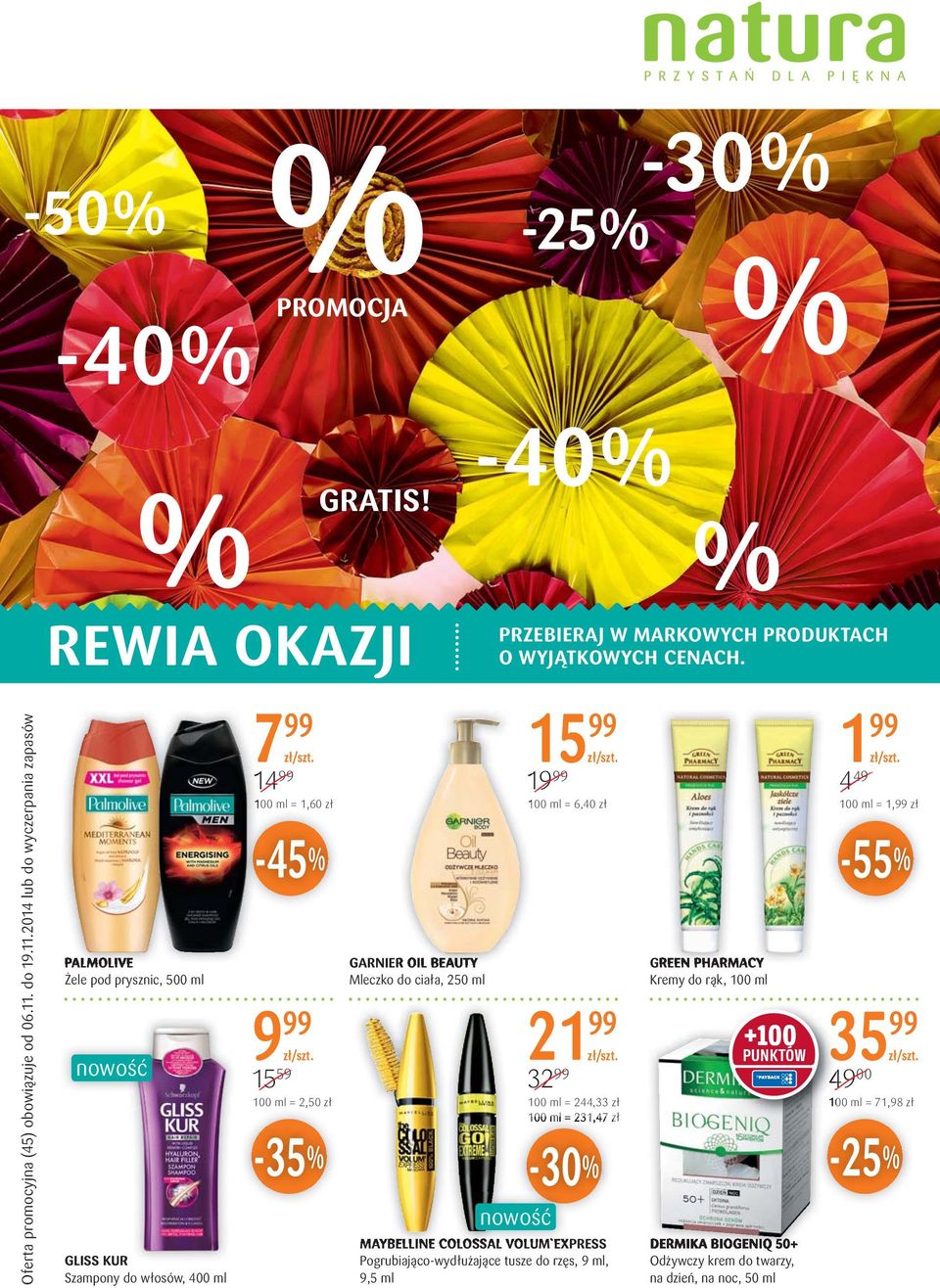 2014 lub do wyczerpania zapasów PALMOLIVE Żele pod prysznic, 500 ml GLISS KUR Szampony do włosów, 400 ml 7 15 1 4 49 14 19 100 ml = 1,60 zł 100 ml = 6,40 zł 100 ml =