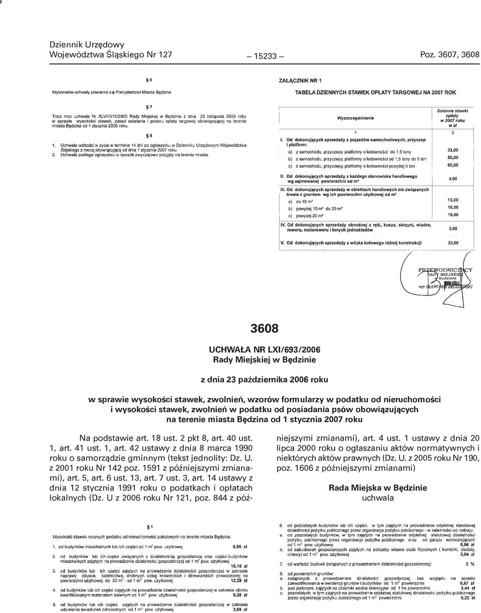 stawek, zwolnień w podatku od posiadania psów obowiązujących na terenie miasta Będzina od 1 stycznia 2007 roku Na podstawie art. 18 ust. 2 pkt 8, art. 40 ust. 1, art.