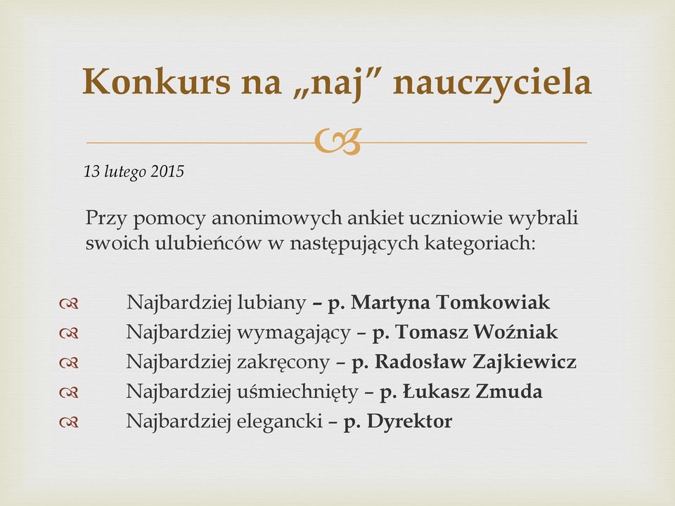 Martyna Tomkowiak Najbardziej wymagający p. Tomasz Woźniak Najbardziej zakręcony p.