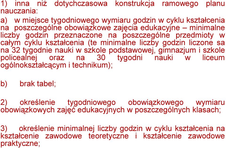 gimnazjum i szkole policealnej oraz na 30 tygodni nauki w liceum ogólnokształcącym i technikum); b) brak tabel; 2) określenie tygodniowego obowiązkowego wymiaru