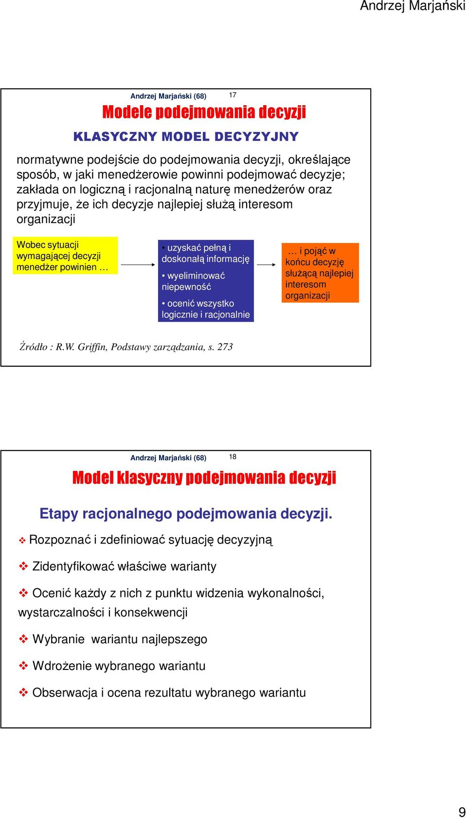 wyeliminować niepewność ocenić wszystko logicznie i racjonalnie i pojąć w końcu decyzję służącą najlepiej interesom organizacji Źródło : R.W. Griffin, Podstawy zarządzania, s.