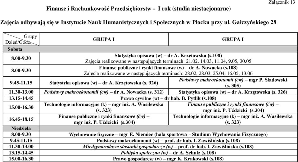 305) 11.30-13.00 Podstawy makroekonomii (ćw) dr A. Nowacka (s. 312) Statystyka opisowa (w) dr A. Krzętowska (s. 326) 13.15-14.45 Prawo cywilne (w) dr hab. B. Pytlik (s.108) 15.00-16.