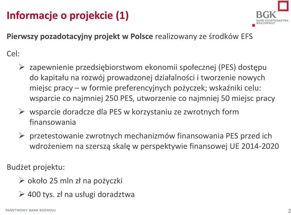 250 PES, utworzenie co najmniej 50 miejsc pracy wsparcie doradcze dla PES w korzystaniu ze zwrotnych form finansowania przetestowanie zwrotnych mechanizmów