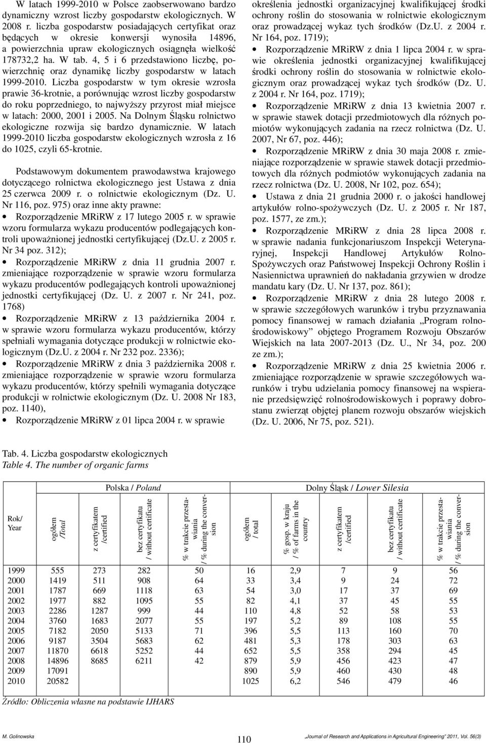 4, 5 i 6 przedstawiono liczbę, powierzchnię oraz dynamikę liczby gospodarstw w latach 99-2010.