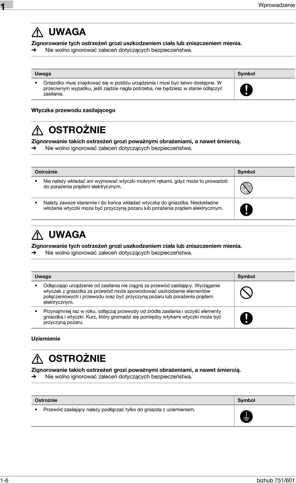 Symbol Wtyczka przewodu zasilającego 7 OSTROŻNIE Zignorowanie takich ostrzeżeń grozi poważnymi obrażeniami, a nawet śmiercią. % Nie wolno ignorować zaleceń dotyczących bezpieczeństwa.