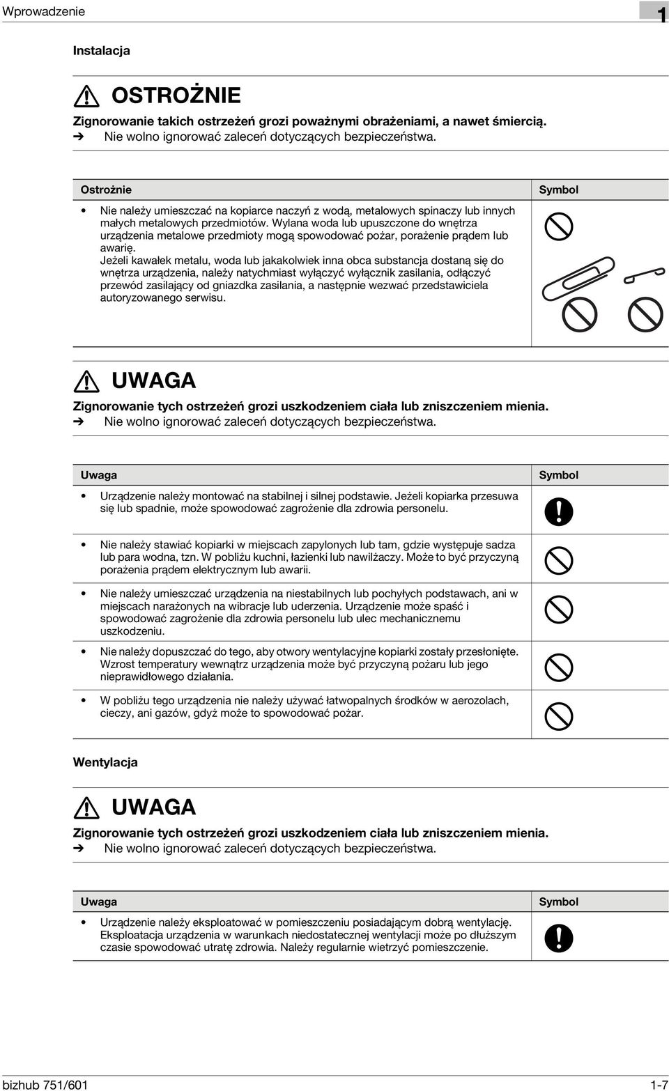 Wylana woda lub upuszczone do wnętrza urządzenia metalowe przedmioty mogą spowodować pożar, porażenie prądem lub awarię.