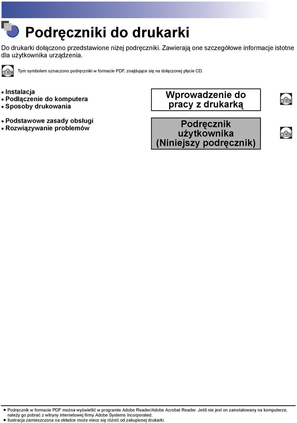Instalacja Podłączenie do komputera Sposoby drukowania Podstawowe zasady obsługi Rozwiązywanie problemów Wprowadzenie do pracy z drukarką Podręcznik użytkownika (Niniejszy podręcznik)