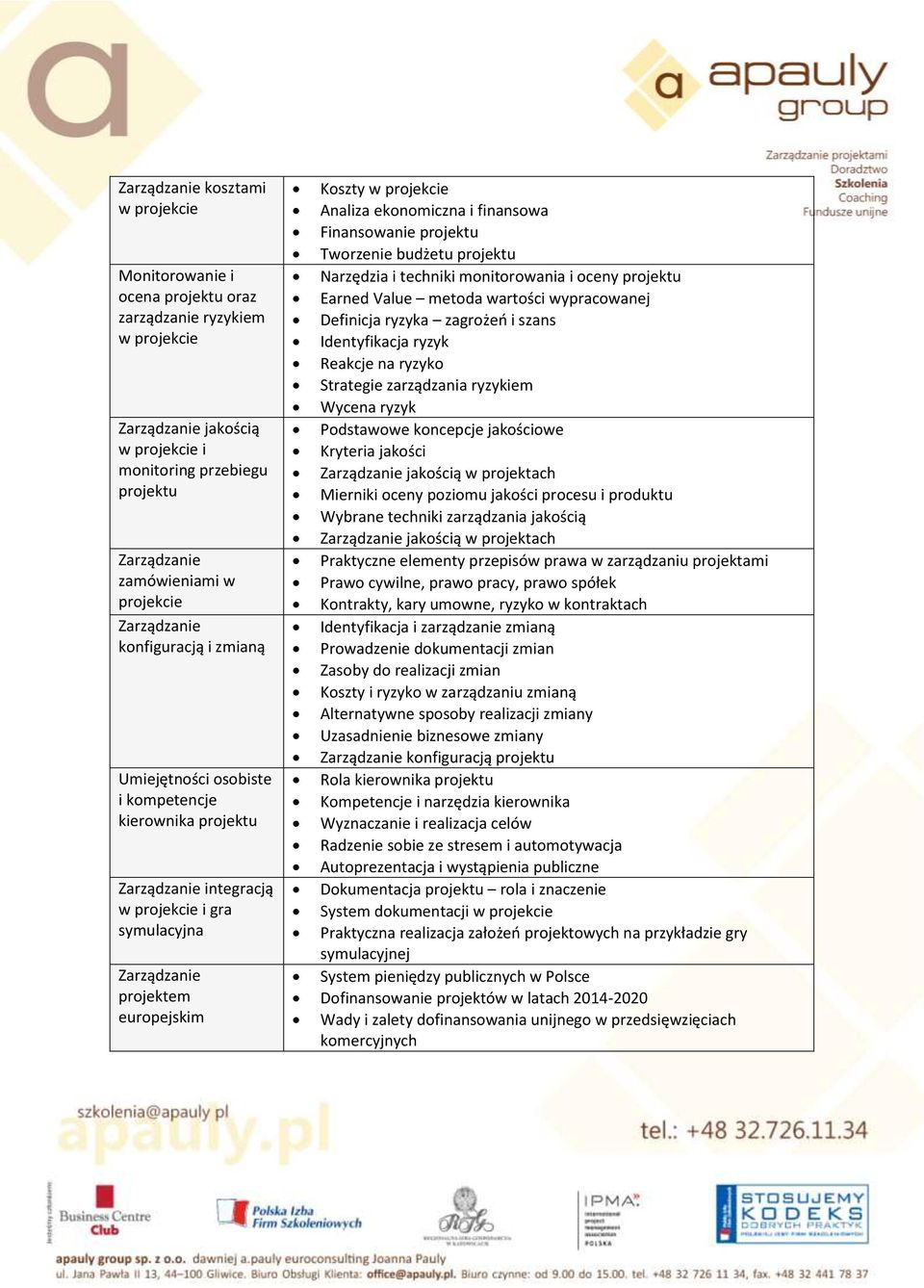 Tworzenie budżetu projektu Narzędzia i techniki monitorowania i oceny projektu Earned Value metoda wartości wypracowanej Definicja ryzyka zagrożeń i szans Identyfikacja ryzyk Reakcje na ryzyko