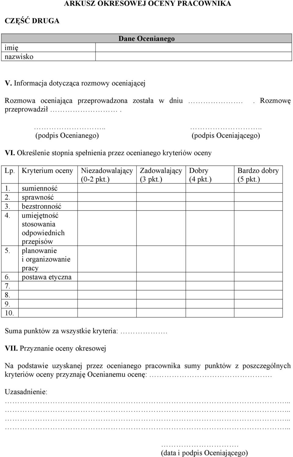 umiejętność stosowania odpowiednich przepisów 5. planowanie i organizowanie pracy 6. postawa etyczna 7. 8. 9. 10. Niezadowalający (0-2 pkt.) Zadowalający (3 pkt.) Dobry (4 pkt.) Bardzo dobry (5 pkt.