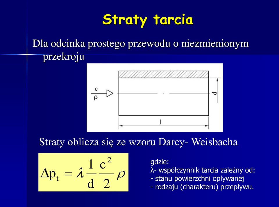 Darcy- Weisbacha p t l d c gdzie: λ- współczynnik tarcia
