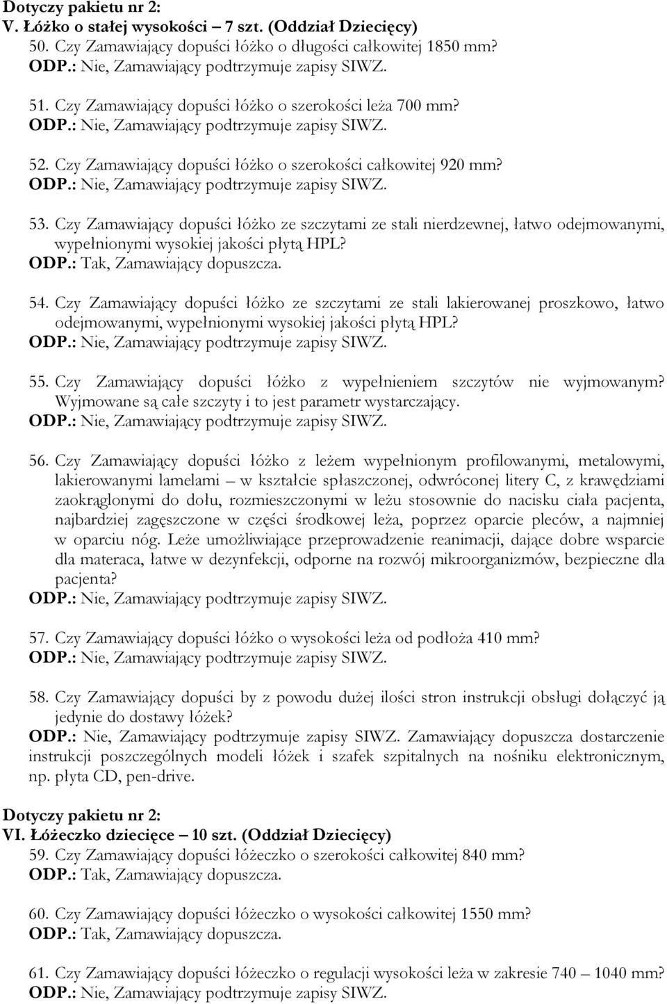 Czy Zamawiający dopuści łóżko ze szczytami ze stali nierdzewnej, łatwo odejmowanymi, wypełnionymi wysokiej jakości płytą HPL? 54.